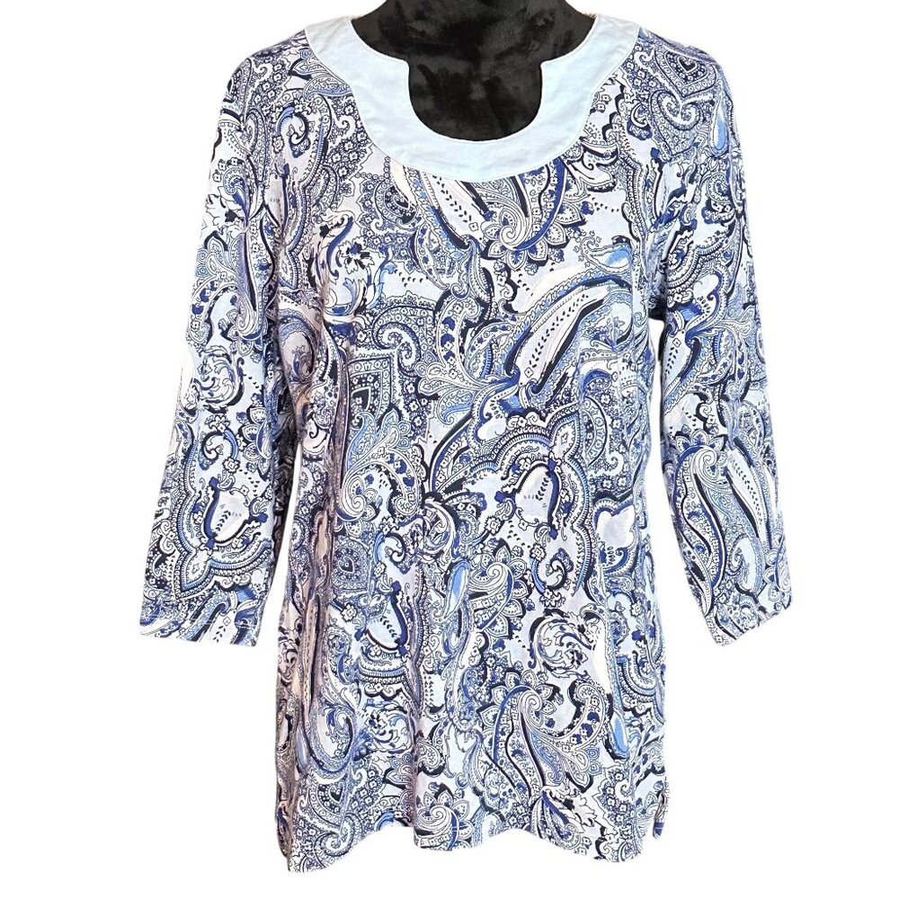 Kim Rogers Top Womens XL Paisley Blouse 3/4 Sleeve Blue White Cotton Cottagecore